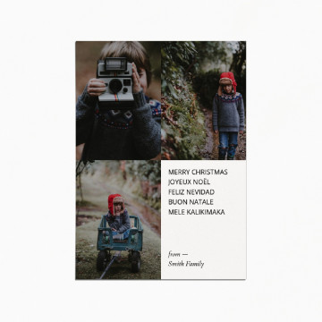 Holiday card with 3 images of a boy in a forest