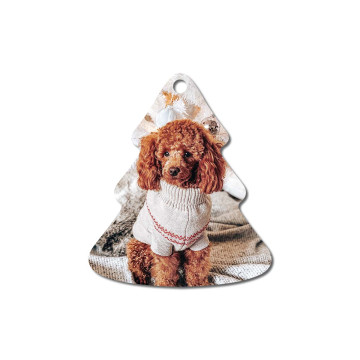 tree-shaped metal ornament with an image of dog