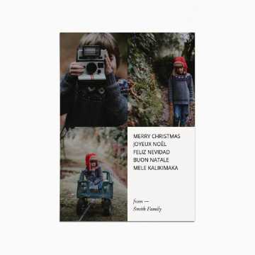 Holiday card with 3 images of a boy in a forest