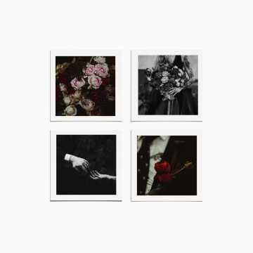 Photo card set of 4 with various images of bouquets, and one image hands