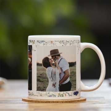 Mug with 3 images of a couple in a field during golden hour