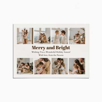 Holiday Card with a collage of images featuring a family indoors and wearing matching beige clothes. The title reads "Merry & Bright"