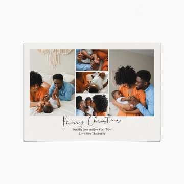Holiday Card with a collage of images featuring parents and their newborn baby. the title reads "Merry Christmas"