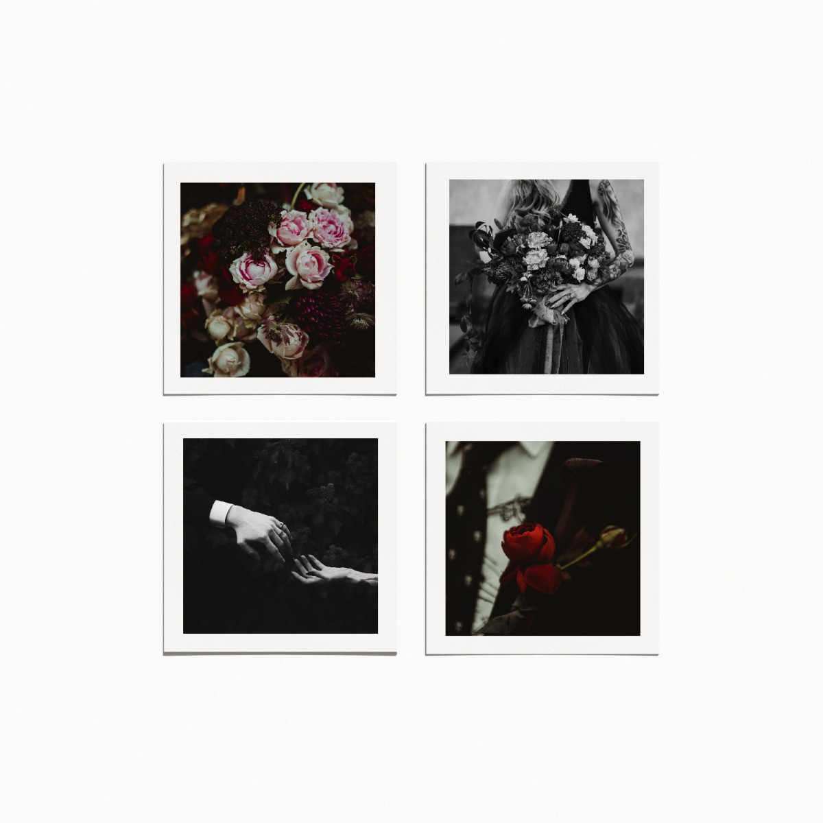 Photo card set of 4 with various images of bouquets, and one image hands