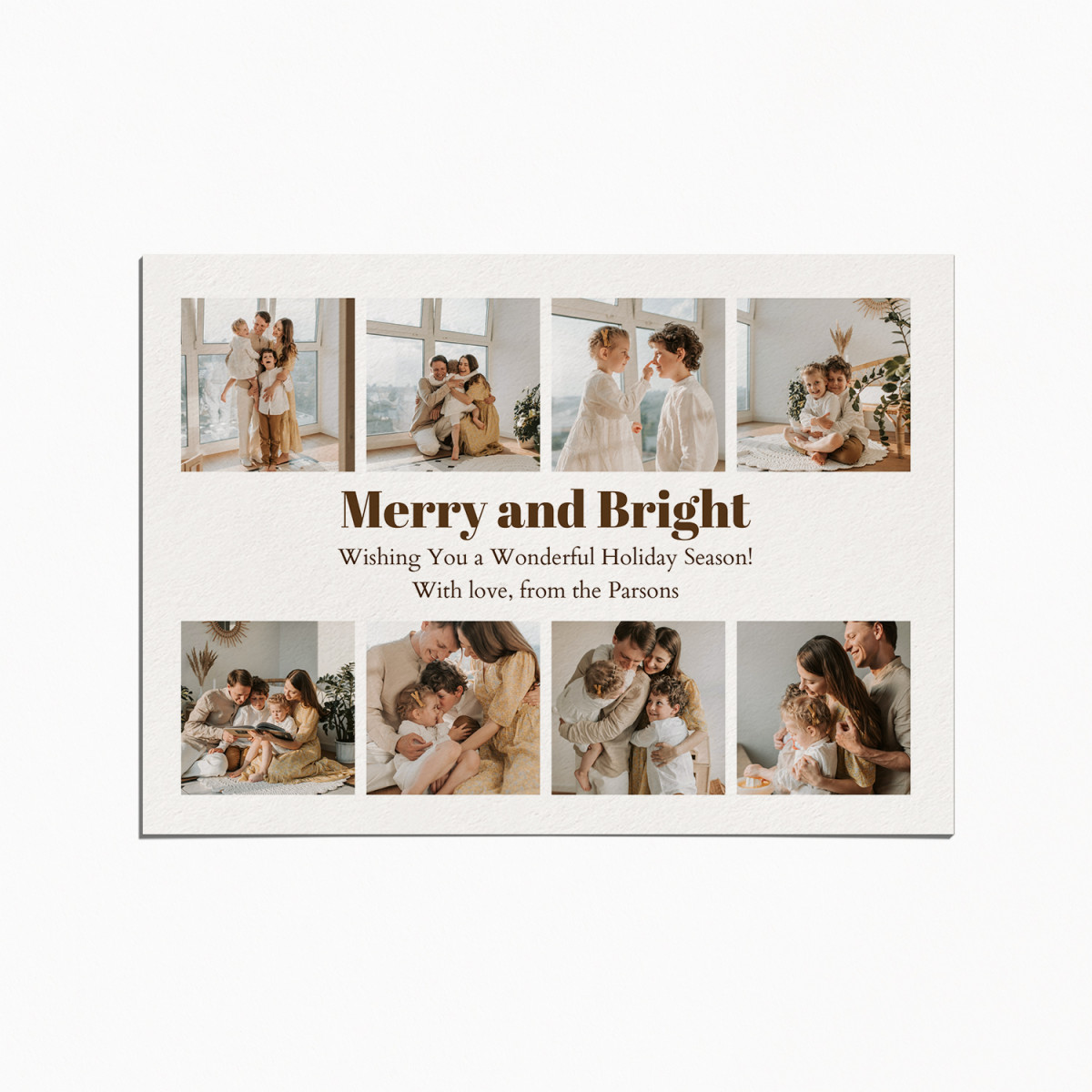 Holiday Card with a collage of images featuring a family indoors and wearing matching beige clothes. The title reads "Merry & Bright"