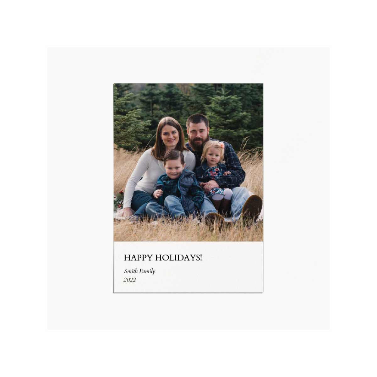 holiday card with an image of a family sitting in a field