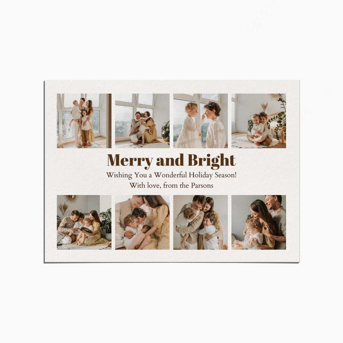Holiday Card with a collage of images featuring a family indoors and wearing matching beige clothes. The title reads "Merry & Bright"