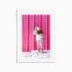 holiday card with an image of a little girl standing in the snow in front of a pink wall