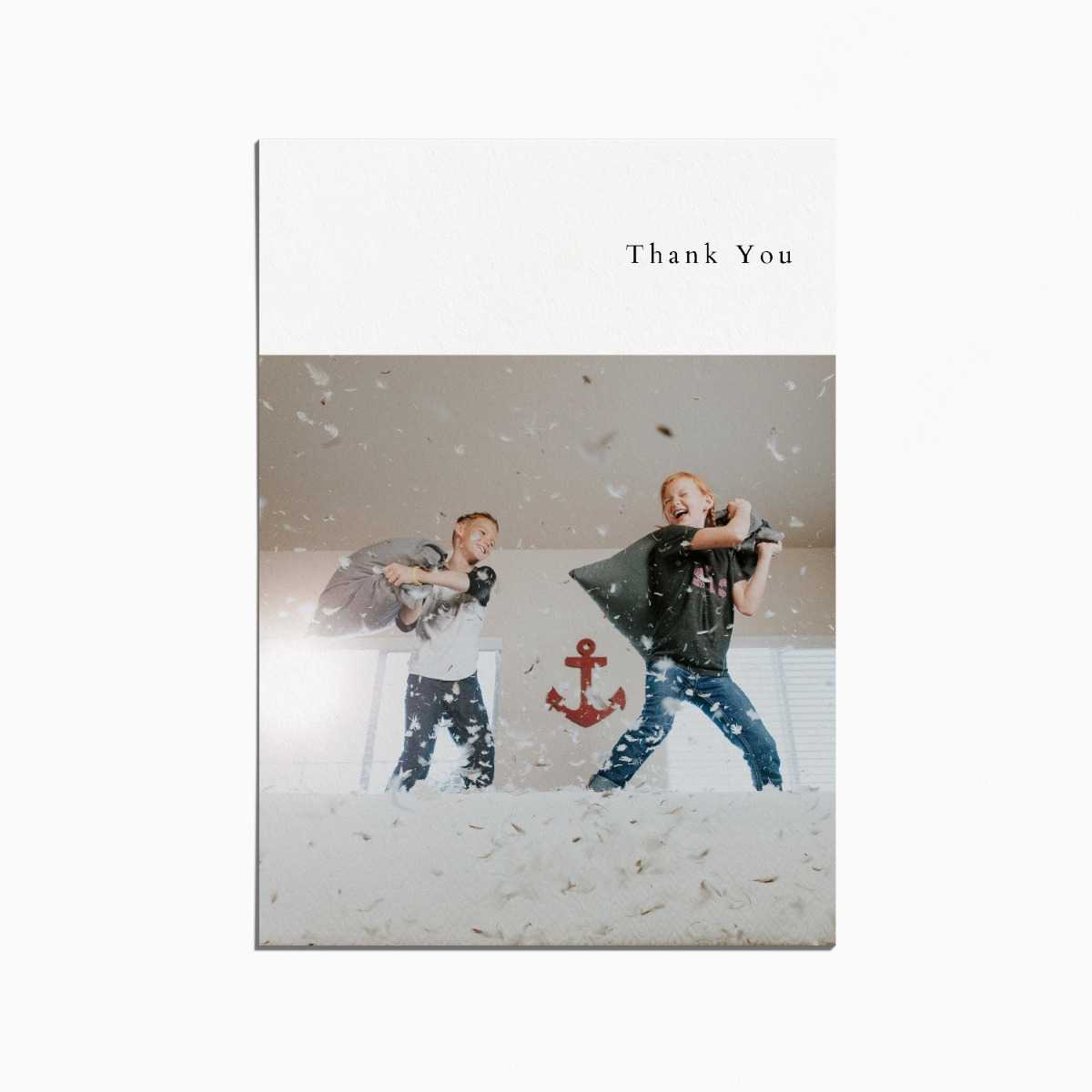 thank you card with an image of two siblings having a pillow fight
