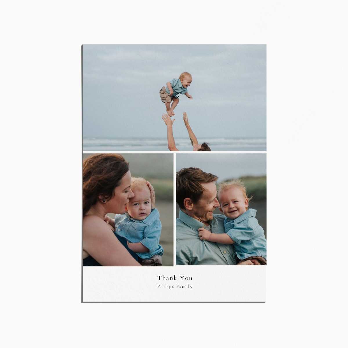 thank you card with three images of a family. image 1 shows a baby being lifted into the air. Image 2 shows the mother holding the baby and image 3 shows the father holding the baby