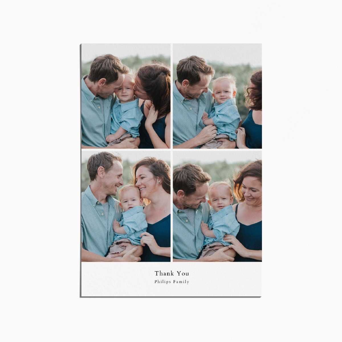 thank you card with four images of a young family