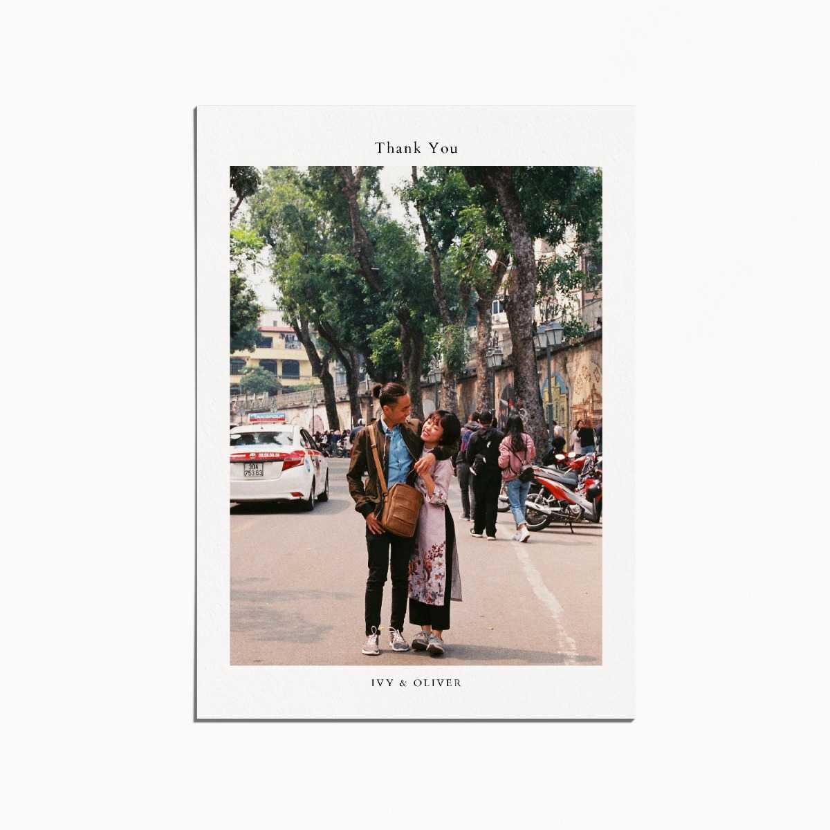 thank you card with an image of a couple standing on the side of a road