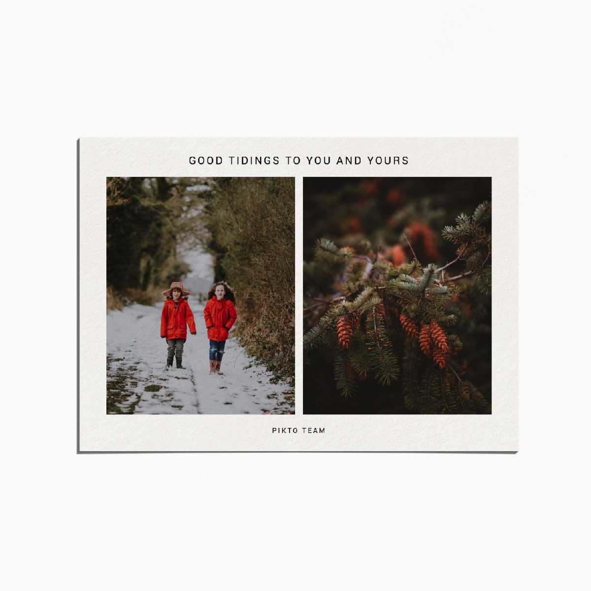 Holiday card with an image of two siblings outdoors wearing red coats, and another image of a pinecone