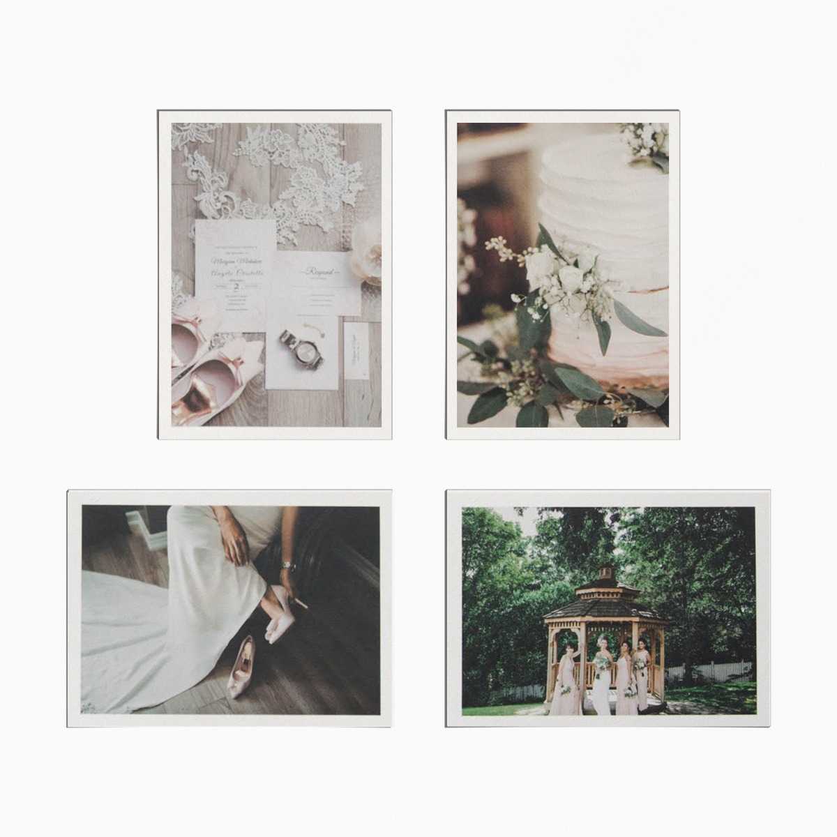 a photo card set. card 1 has an images of wedding invitation, wedding shoes, a watch and a veil. card 2 has an image of an ombre wedding cake. card 3 has an image of a bride putting on her shoes. card 4 is a portrait image of the bride and her bridemaids 
