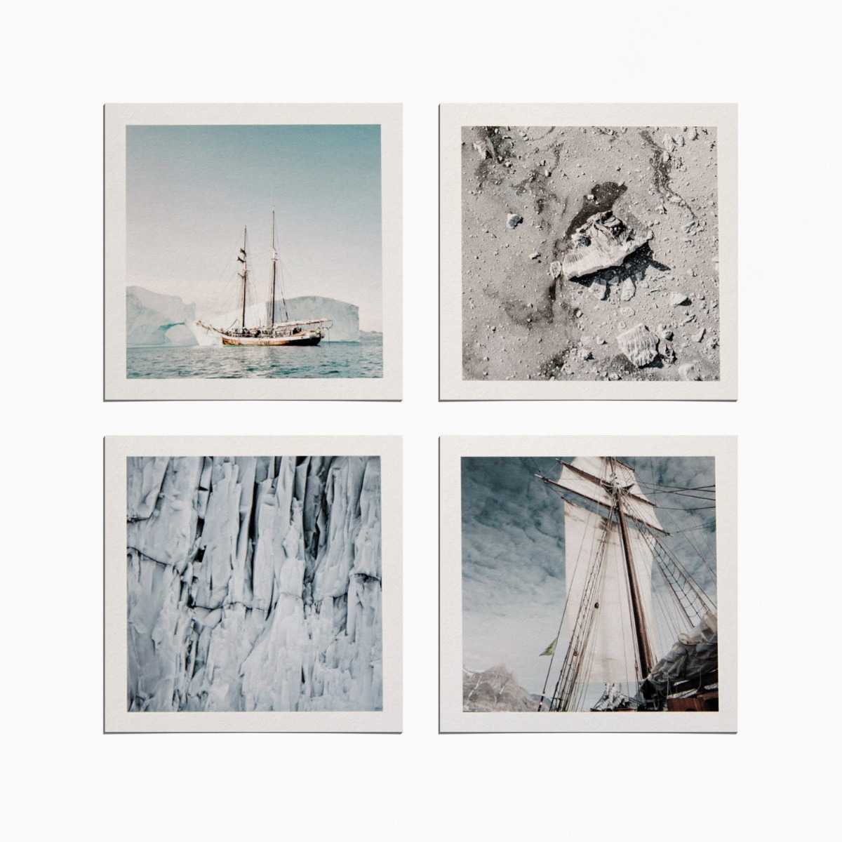 photo card set of 4 depicting an arctic expedition: 1 card has an image of a sailboat navigating through icebergs, 1 card has a close-up of rocky sand, 1 card has an image of an ice cliff, and 1 card has a close-up image of sails