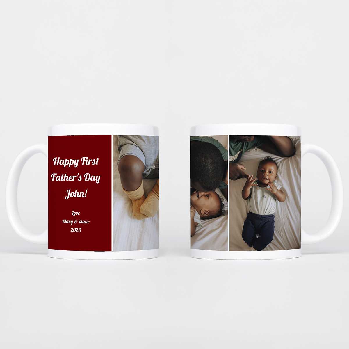 Dad mug with 3 images of a father playing with his infant child. A red square contains text that reads 
