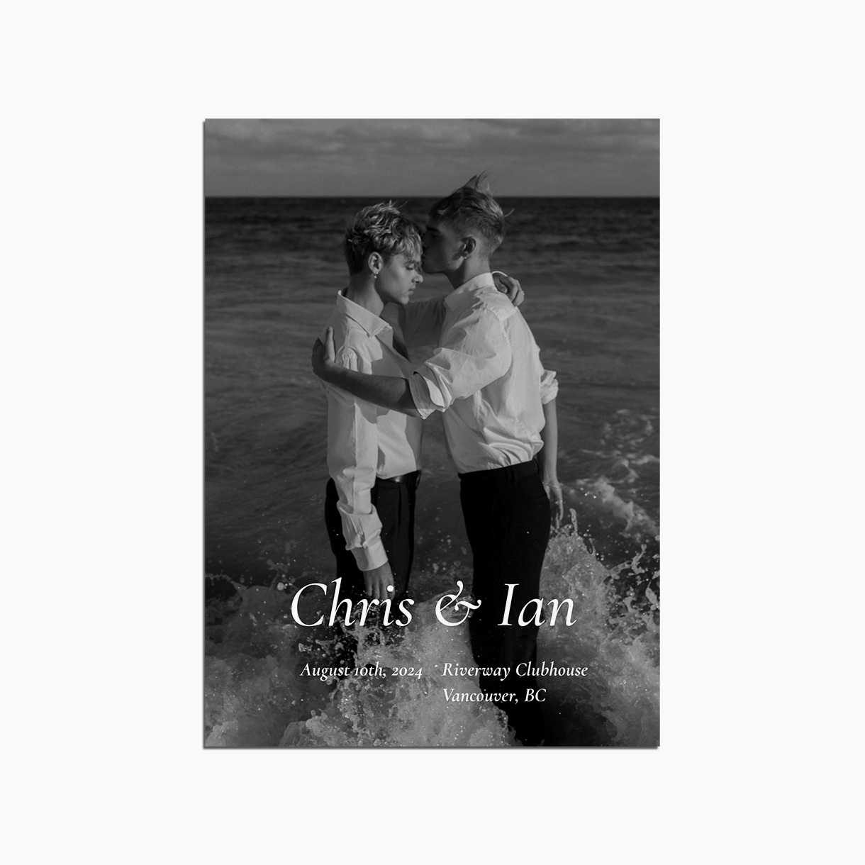 Save the Date wedding invitation card showing two people embracing on a beach. Title reads: Chris & Ian