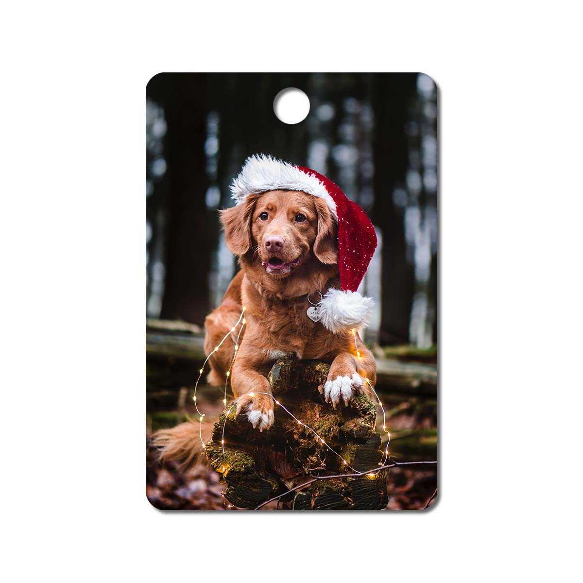 Metal ornament with an image of a dog wearing a santa claus hat