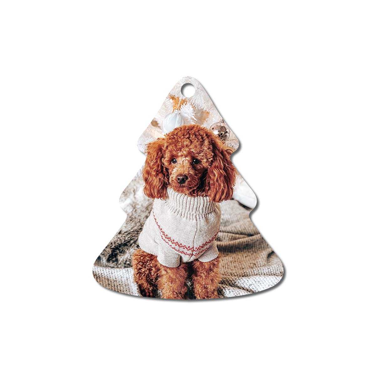 tree-shaped metal ornament with an image of dog